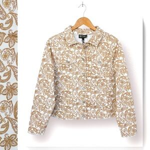 DG2 Diane Gilman Denim Paisley Jacket Frayed-Hem Stretch Front Pockets Collared